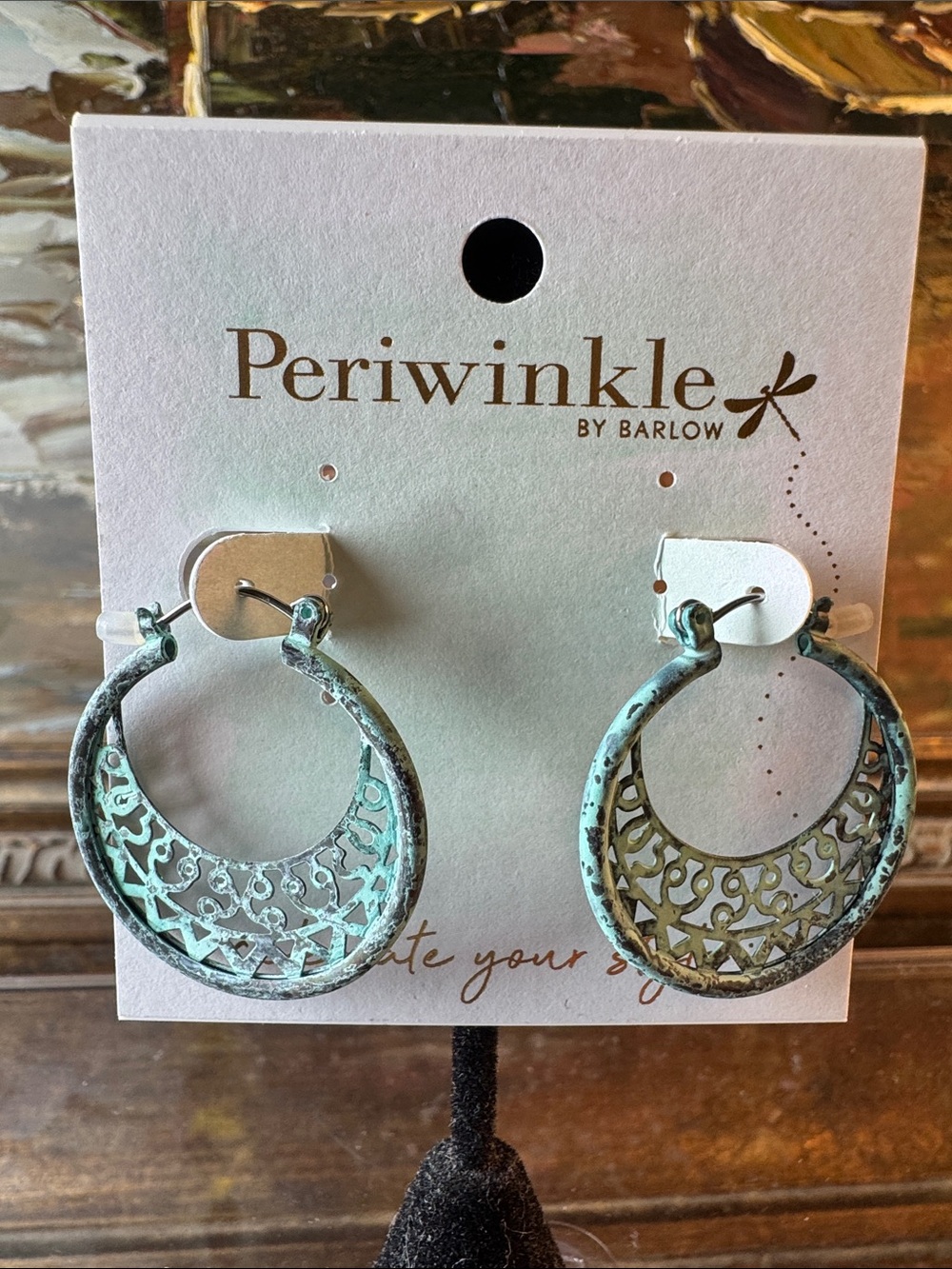 0454-eriwinkle by Barlow Verdigris Green Filigree Hoop Earrings